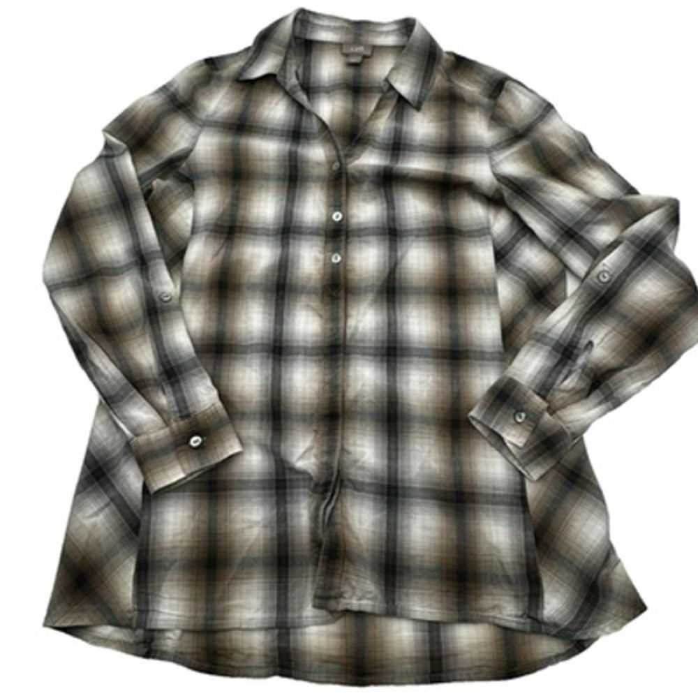 J. Jill Women's Small Tan Brown Plaid Button Up Shirt Blouse V neck Long Sleeves